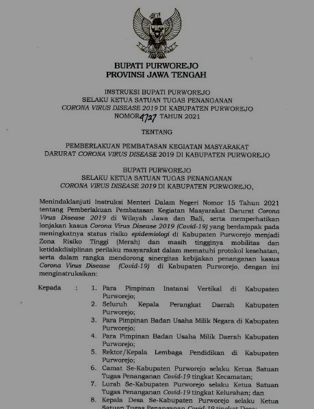  Instruksi Bupati Tentang Pemberlakuan Pembatasan Kegiatan Masyarakat Darurat Covid-19 Di Kabupaten Purworejo