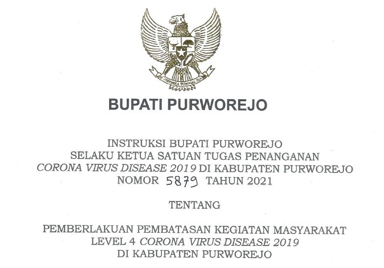 Instruksi Bupati Purworejo Nomor 5879 Tahun 2021 Tentang PPKM Level 4 Covid-19 di Kab. Purworejo