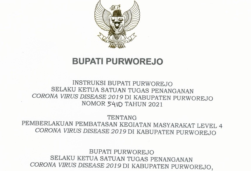 Instruksi Bupati Purworejo Nomor 5410 Tahun 2021 Tentang PPKM Level 4 Covid-19 di Kabupaten Purworejo