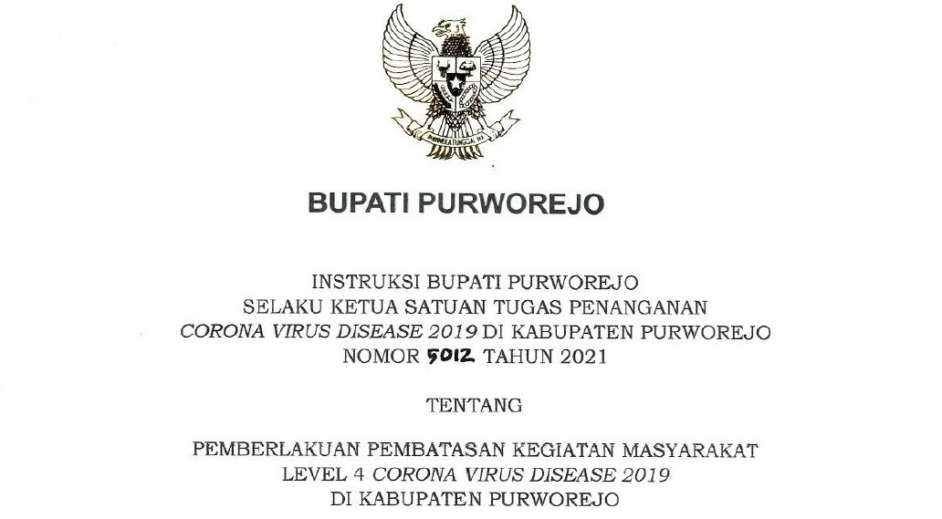 Instruksi Bupati Purworejo Tentang PPKM Level 4 Covid-19 di Kabupaten Purworejo