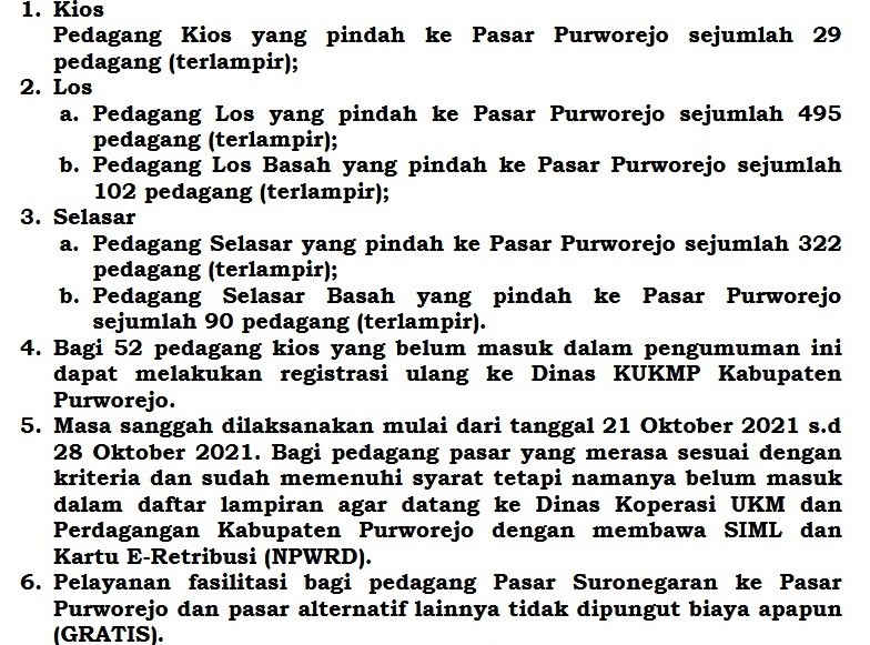 Pengumuman Hasil Verifikasi Pedagang Pasar Suronegaran